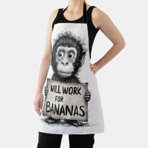 Will Work for Bananas - Humorous Monkey Sketch Apron