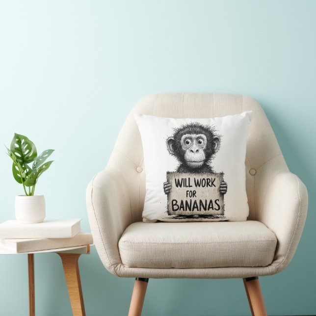 Will Work for Bananas - Humorous Monkey Sketch Cushion (Chair)