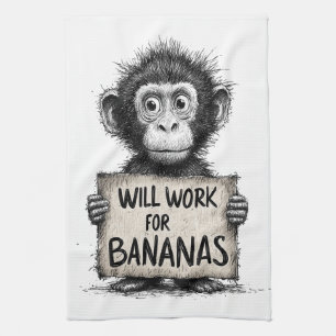 Will Work for Bananas - Humorous Monkey Sketch Tea Towel