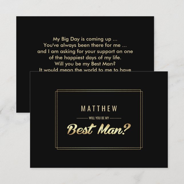 Will you be my Best Man? Black Gold Wedding Invitation (Front/Back)