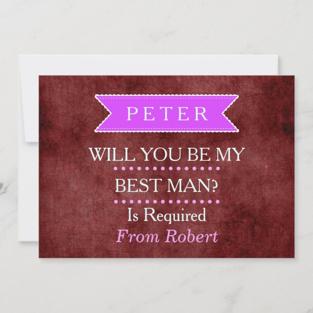WILL YOU BE MY BESTMAN Black Purple ribbon Invitat Invitation (Front)