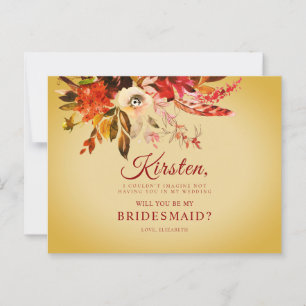 Will You Be My Bridesmaid Autumn Floral Gold Postcard