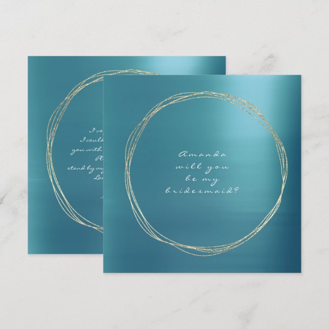 Will You Be My Bridesmaid Blue Aqua Luxury Gold Invitation (Front/Back)