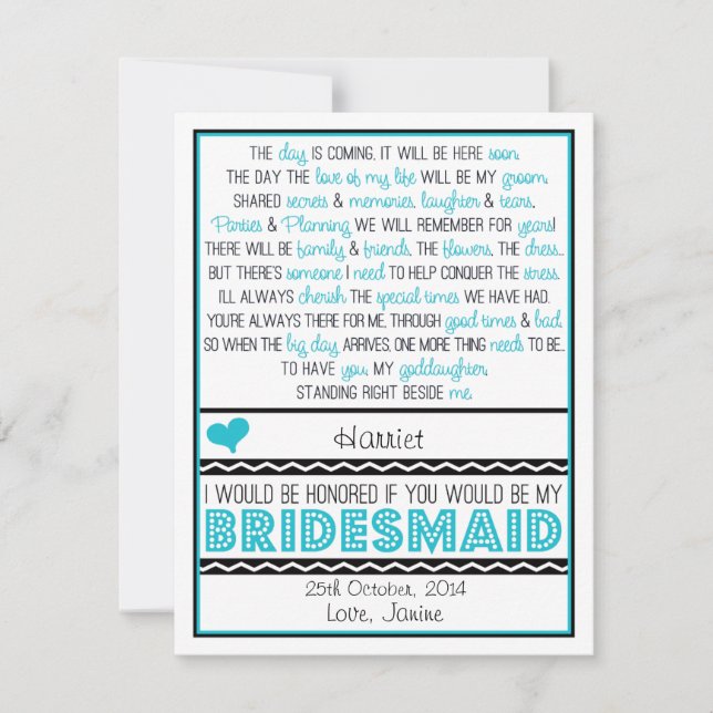 Will you be my Bridesmaid? Blue/Black GODDAUGHTER Invitation (Front)