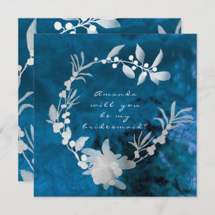 Will You Be My Bridesmaid Blue Glass Grey Wreath Invitation