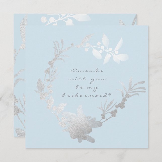 Will You Be My Bridesmaid Blue Pastel Grey Wreath Invitation (Front/Back)