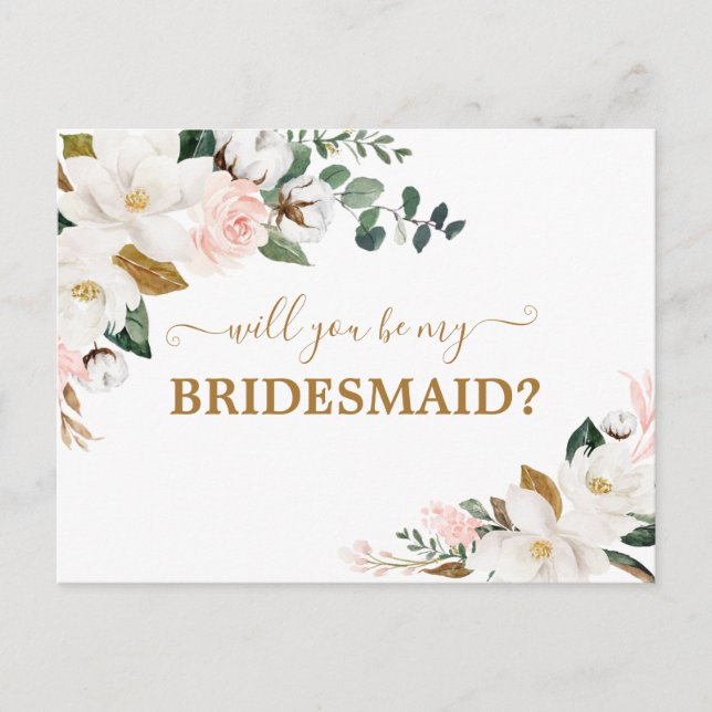 Will You Be My Bridesmaid Blush Pink Floral Gold Postcard (Front)