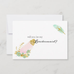 Will You Be My Bridesmaid Boho Pink and Gold Feath