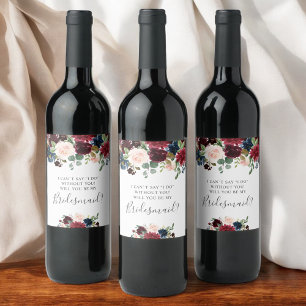 Will You Be My Bridesmaid Burgundy Floral Wine Label