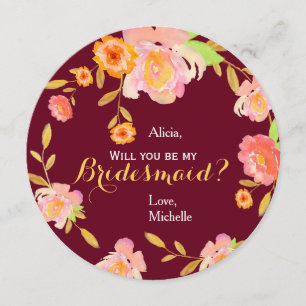 Will you be my bridesmaid burgundy floral wreath invitation