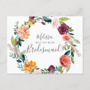 Will You Be my Bridesmaid Burgundy Flowers Invitation Postcard