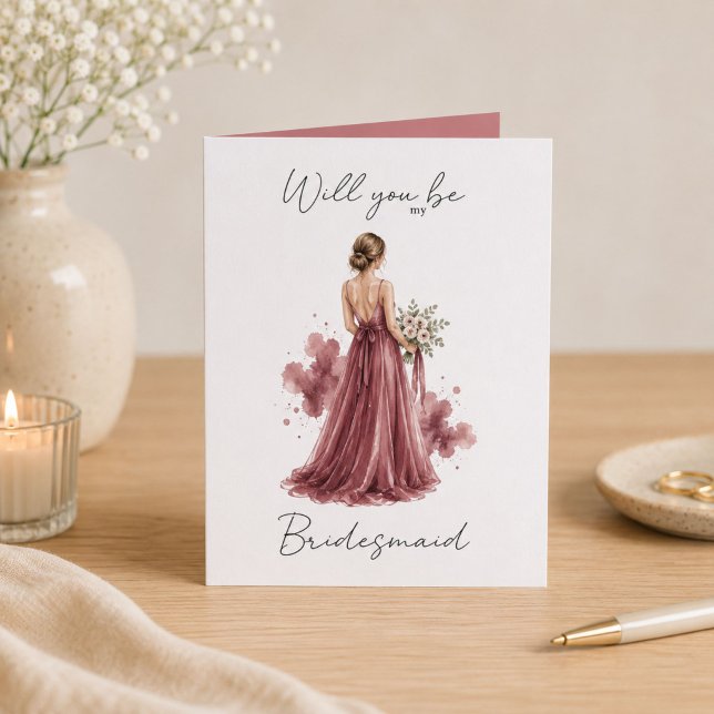 Will you be my Bridesmaid Burgundy Proposal Card (Will You Be My Bridesmaid card featuring romantic burgundy watercolor and script.)