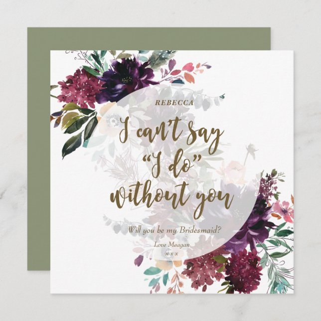 Will you be my bridesmaid card boho plum floral (Front/Back)