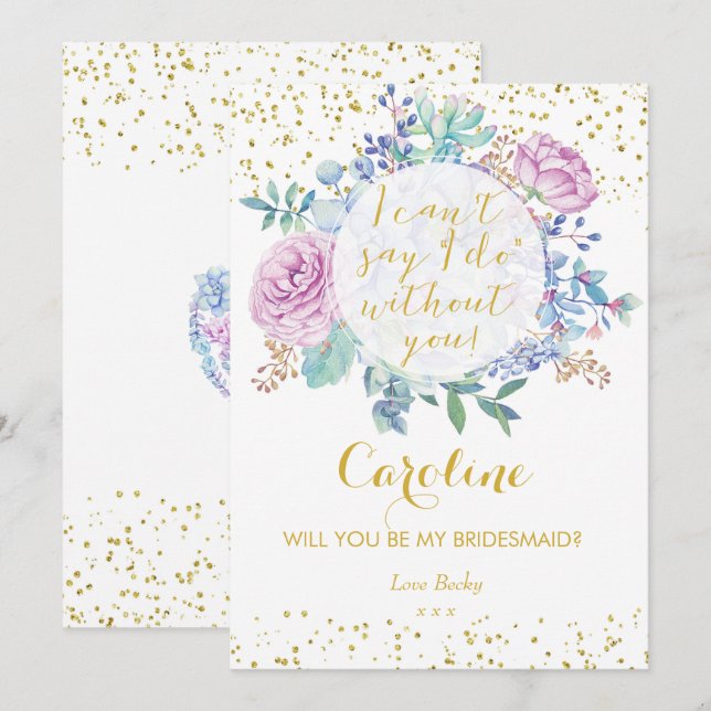 Will you be my bridesmaid card gold glitter floral (Front/Back)