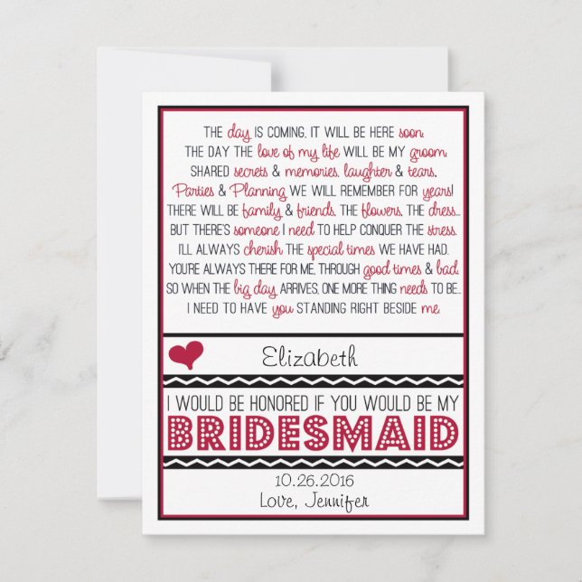 Will you be my Bridesmaid? Deep Red/Black Poem V2 Invitation (Front)