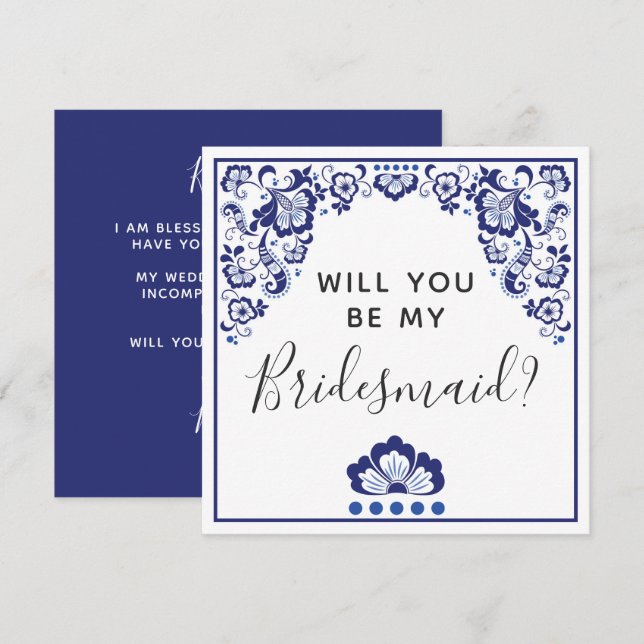 Will You Be My Bridesmaid? Delfts Blauw Delft Blue Invitation (Front/Back)