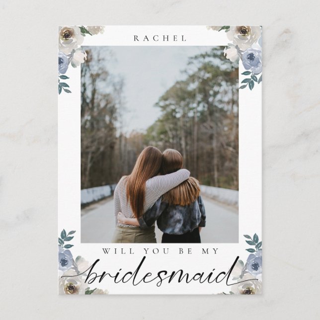 Will you be my Bridesmaid Dusty Blue Rose Photo Postcard (Front)