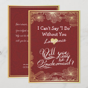 Will You Be My Bridesmaid  Elegant Red Gold Floral Invitation