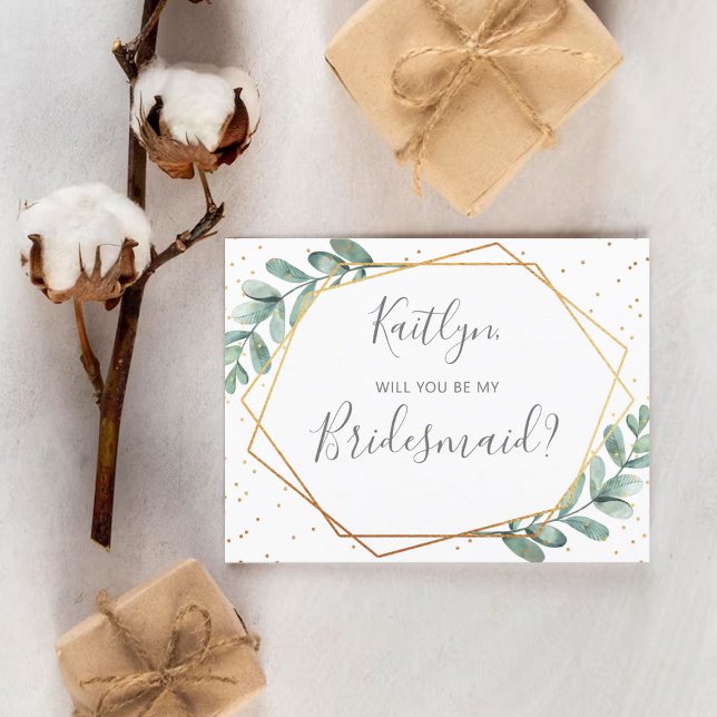 Will You Be My Bridesmaid Eucalyptus Geometric Invitation Postcard (Creator Uploaded)