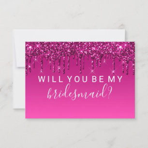 WIll You Be My Bridesmaid Fab Glitter Drip Magenta Invitation