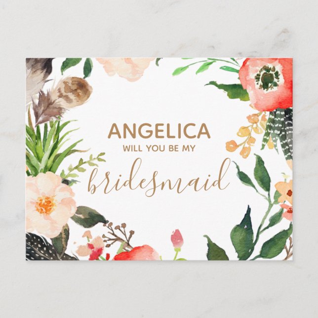 Will you be my bridesmaid floral wreath gold invitation postcard (Front)