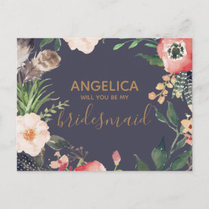 Will you be my bridesmaid floral wreath gold invitation postcard
