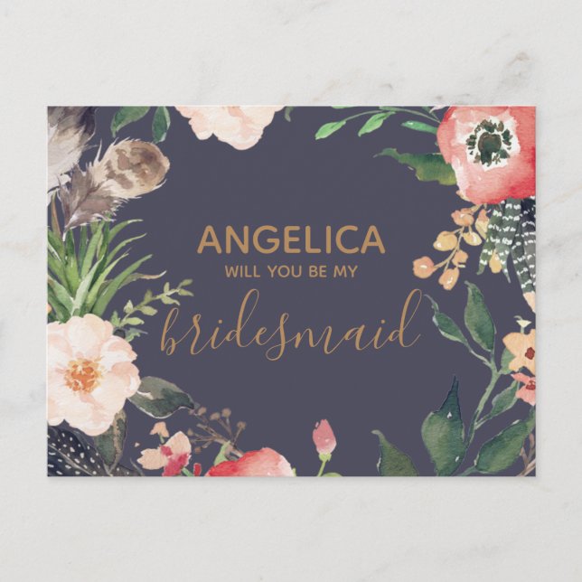 Will you be my bridesmaid floral wreath gold invitation postcard (Front)