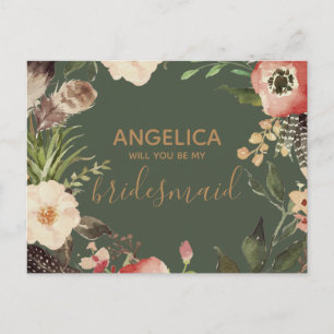 Will you be my bridesmaid floral wreath green gold invitation postcard