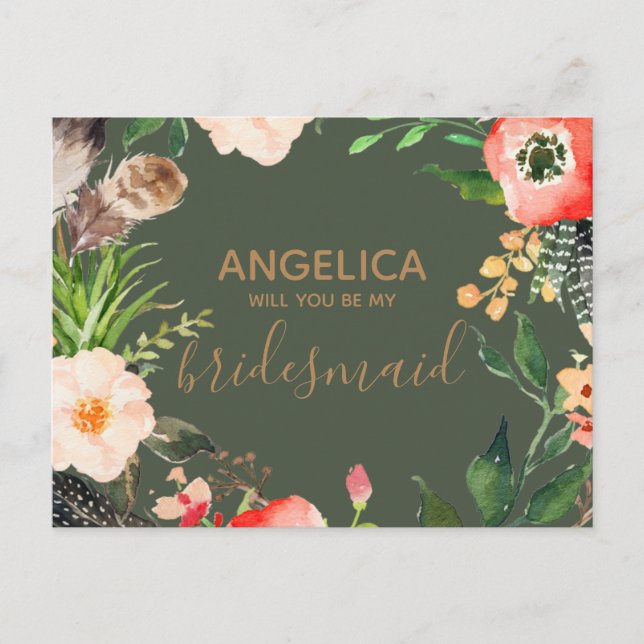 Will you be my bridesmaid floral wreath green gold invitation postcard (Front)