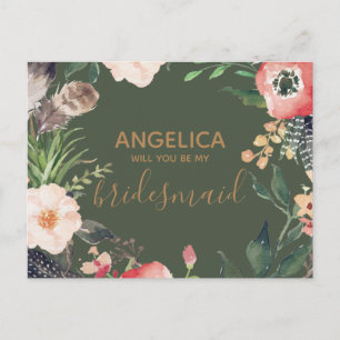 Will you be my bridesmaid floral wreath green gold invitation postcard