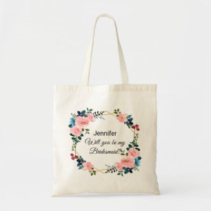 will you be my bridesmaid floral wreath wedding tote bag