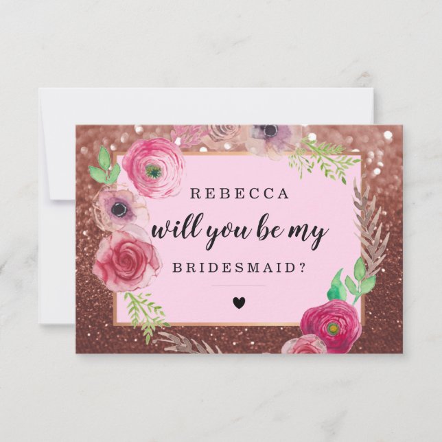 Will You Be My Bridesmaid - Flowers Glitter Plum Invitation (Front)