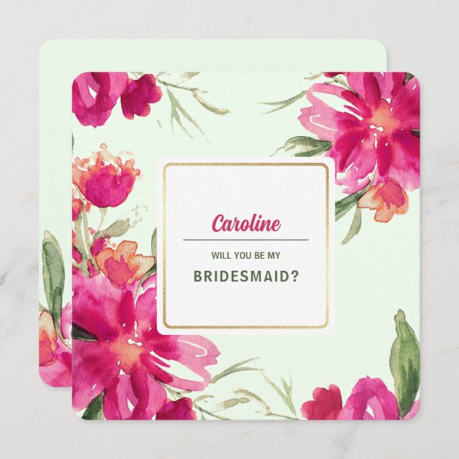 Will you be my Bridesmaid? Fuchsia Floral Invitation (Front/Back)