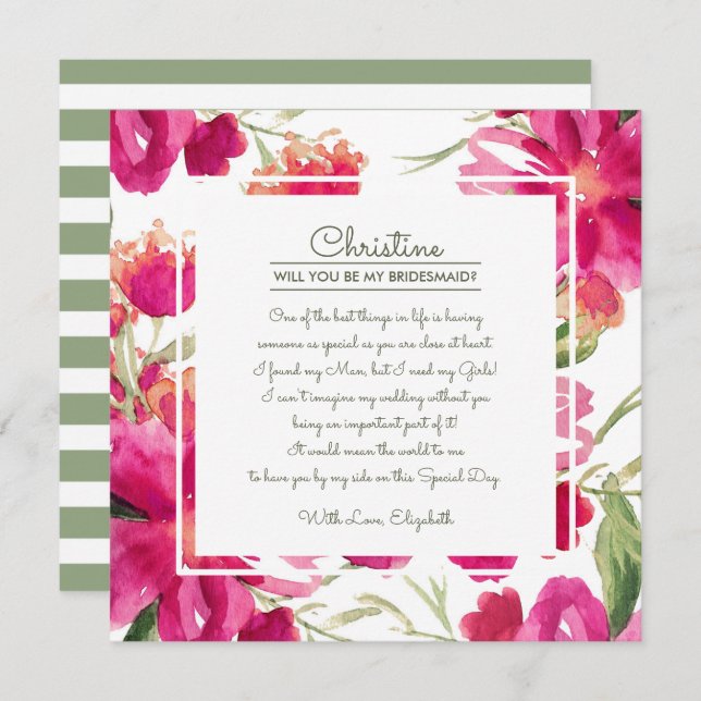 Will you be my Bridesmaid? Fuchsia Green Floral Invitation (Front/Back)