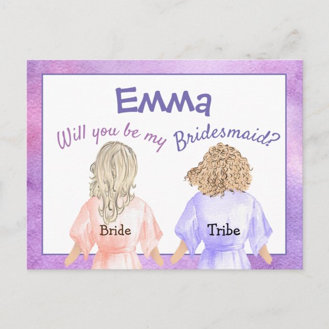 Will You Be My Bridesmaid/Girls In robes/lilac Invitation Postcard (Front)