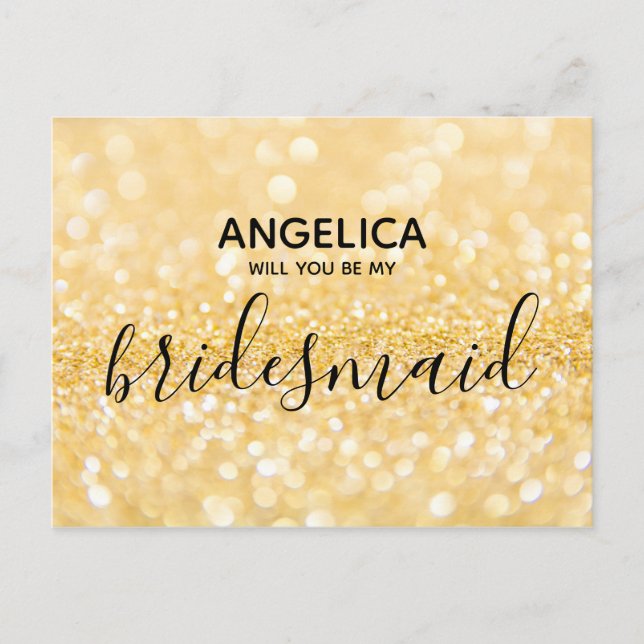 Will you be my bridesmaid gold glitter sparkle invitation postcard (Front)