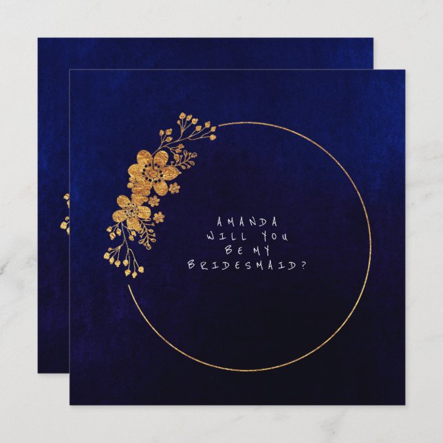 Will You Be My Bridesmaid Gold Navy Velvet Invitation (Front/Back)