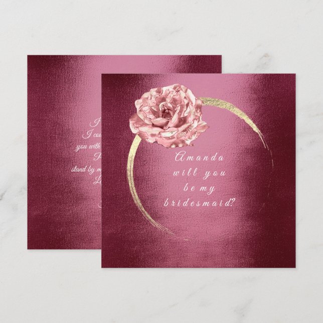 Will You Be My Bridesmaid Gold Rose Burgund Wreath Invitation (Front/Back)