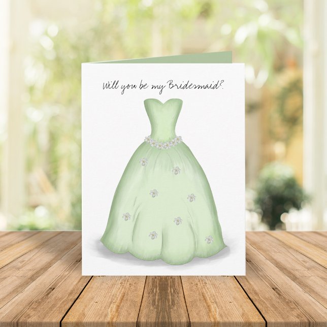 Will you be my Bridesmaid Green Watercolor Card (Will you be my bridesmaid green bridal dress greeting card.)