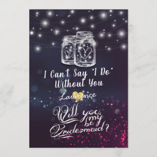 Will You Be My Bridesmaid Mason Jar Purple Lights Invitation