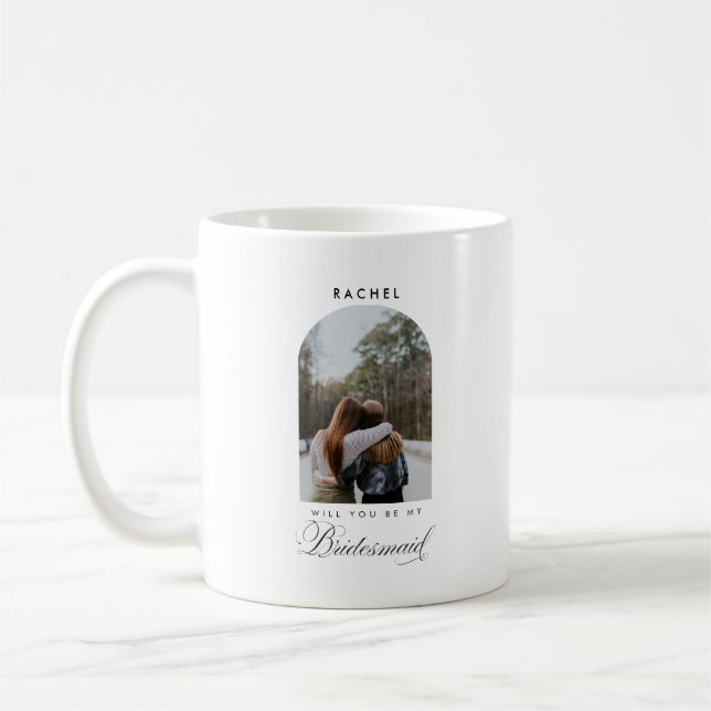 Will you be my Bridesmaid Minimalist Photo Script Coffee Mug (Left)