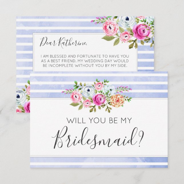 Will You Be My Bridesmaid Modern Floral Stripes Invitation (Front/Back)