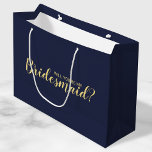 Will You Be My Bridesmaid? Modern Proposal Large Gift Bag<br><div class="desc">"Will You Be My Bridesmaid?" Modern Proposal Gift bag
features title "Will You Be My Bridesmaid?" in gold modern script font style on navy blue background.

Please Note: The foil details are simulated in the artwork. No actual foil will be used in the making of this product.</div>