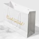 Will You Be My Bridesmaid? Modern Script Gold Large Gift Bag<br><div class="desc">"Will You Be My Bridesmaid?" Modern Script White and Gold Bridesmaid Proposal Gift bag featuring title "Will You Be My Bridesmaid?" in gold modern script font style on white background. Please Note: The foil details are simulated in the artwork. No actual foil will be used in the making of this...</div>