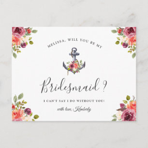 Will You Be My Bridesmaid Nautical Floral Anchor Invitation Postcard