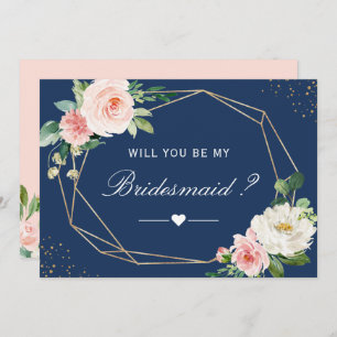 Will You Be My Bridesmaid Navy Blue Blush Floral Invitation
