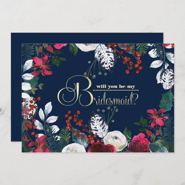 Will you be my Bridesmaid? Navy Blue Burgundy Invitation (Front/Back)