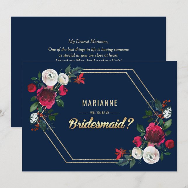 Will you be my Bridesmaid? Navy Blue Burgundy Invitation (Front/Back)