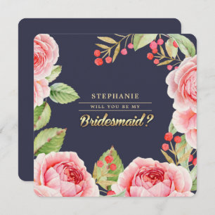 Will you be my Bridesmaid? Navy Blue Floral Invitation