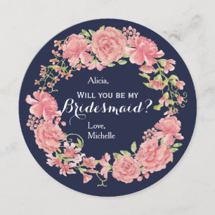 Will you be my bridesmaid navy pink floral wreath invitation